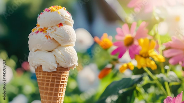 Fototapeta Triple vanilla ice cream cone with colorful sprinkles in a vibrant flower garden