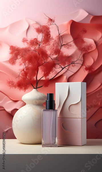Fototapeta Minimalist beauty product display with perfume bottle, red branches, and abstract pink background