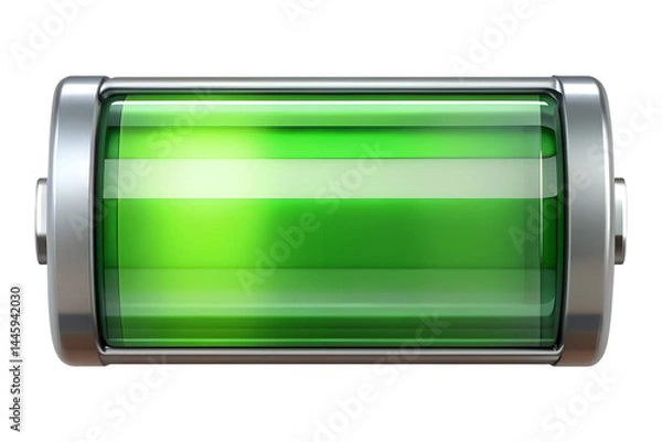 Fototapeta Horizontal battery with a metallic casing and a green charge on transparent background