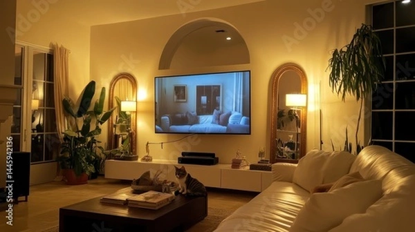 Fototapeta Cozy living room at night, featuring a large screen TV, mirrors, and a light-colored sofa.  Plants and a cat are visible