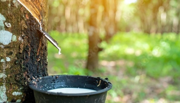 Obraz Tapping Natural Rubber: Capturing the essence of sustainable practices, the image depicts the natural rubber tapping process from a tree with milky sap flowing into a collection bucket.