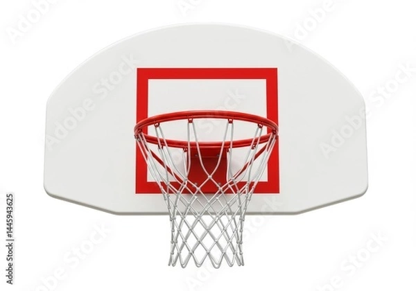 Fototapeta Basketball Hoop with Red Rim and White Net - Sports equipment, fitness, teamwork, competition, and success. A red rimmed basketball hoop against a white background