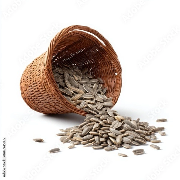 Fototapeta Seeds spilling from basket isolated on white background