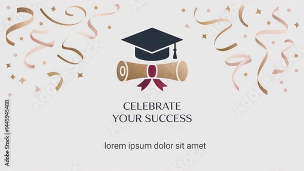 Obraz Elegant graduation celebration  design with minimalist gold accents and festive elements, suitable for party announcements and educational promotions.
