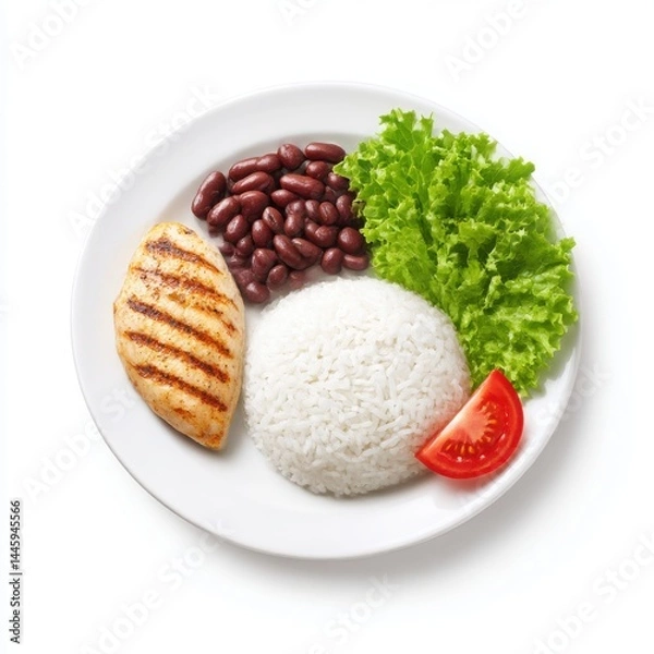 Fototapeta Plate with chicken rice and beans isolated on white background