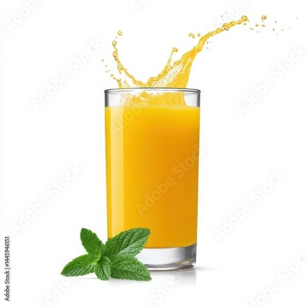 Fototapeta Orange juice splash with mint isolated on white background