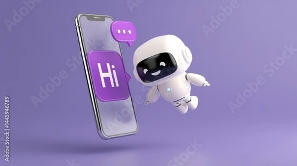 Fototapeta a cute, smiling white robot flying on a smartphone screen with a chat bubble and "Hi" text, isolated on a purple background
