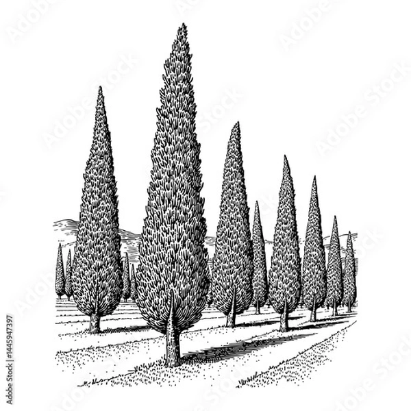 Fototapeta Landscape Scene Italian Cypress Trees Tall Conical Forest Black and White Outline Line Art Drawing