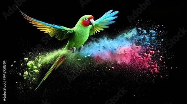 Fototapeta Vibrant parrot in flight, surrounded by colorful powder explosion.
