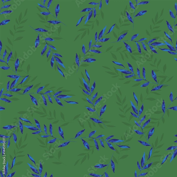 Obraz Blue Botanical Branches on Green – Elegant Seamless Leaf Pattern, summer vibes, trendy pattern, summer trends, spring, vibrant, swimwear, beach, print,