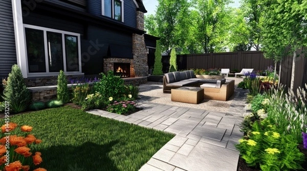 Obraz Luxury Backyard With Modern Outdoor Furniture And Landscaping With Stone Fireplace. Relaxing Garden Patio At Home.