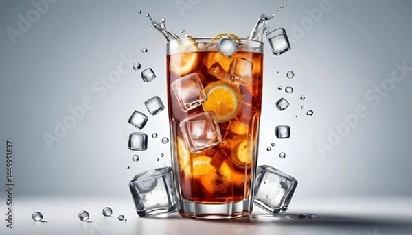 Fototapeta A photorealistic image of a glass of cola with ice, isolated on a transparent background, suitable for removal, with a focus on detailed rendering and clarity