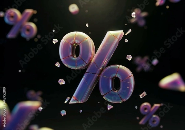 Fototapeta Shattered iridescent percentage symbol with floating fragments on dark background