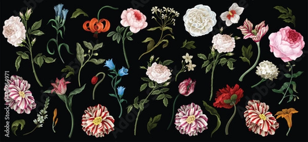 Obraz Big set oil painting rococo still-lifes flowers isolated. Vector.