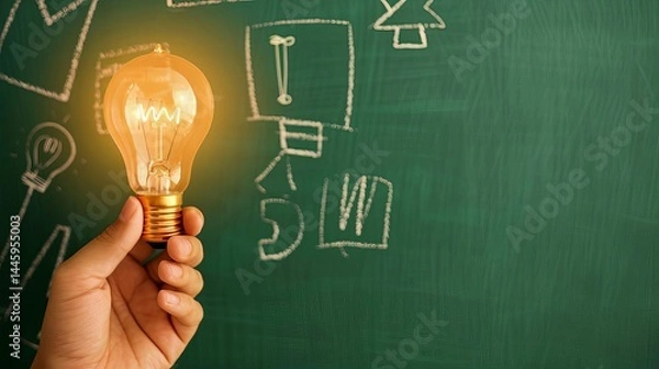 Fototapeta Innovative idea concept with glowing lightbulb in hand highlighting creativity and problem solving in front of green chalkboard with sketches and diagrams