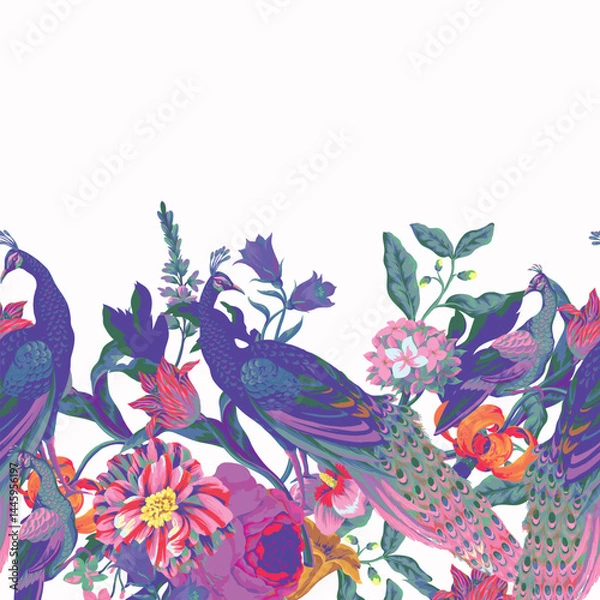 Obraz Seamless pattern with peacock and painting rococo still-lifes flowers. Vector.