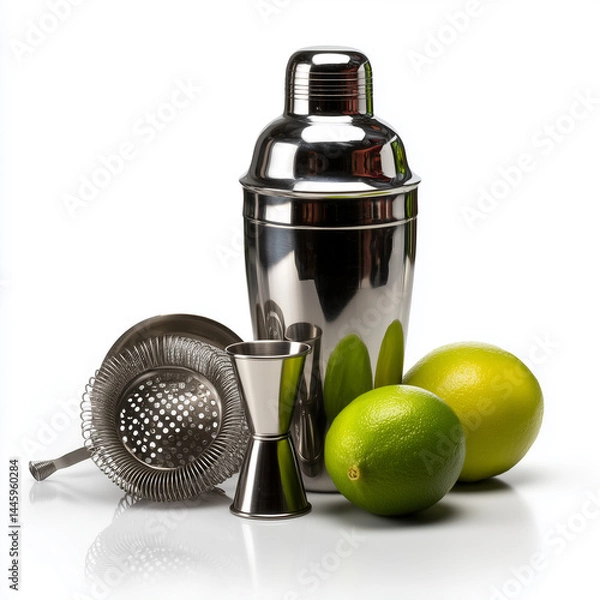 Fototapeta Cocktail shaker with lime strainer and jigger on isolated white background for mixing drinks
