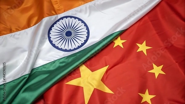 Fototapeta India and China Flags in Harmony: A visual representation of the flags of India and China, gently draped together, signifying a unique symbol of diplomacy, cooperation.