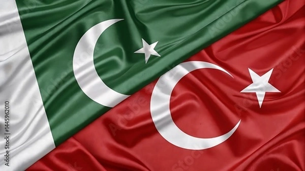 Fototapeta Pakistan and Turkish Flags: A dramatic and symbolic image showcasing the intertwined flags of Pakistan and Turkey,  emphasizing the strong bond and shared heritage between the two nations.