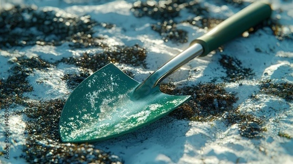 Obraz Small shovel resting on sandy, textured surface