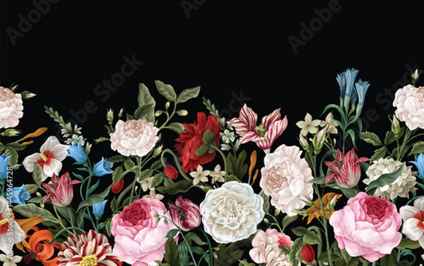 Obraz Border pattern with oil painting rococo still-lifes flowers. Vector.