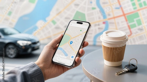 Obraz a dynamic scene of a smartphone with a visible GPS map, coffee cup to-go