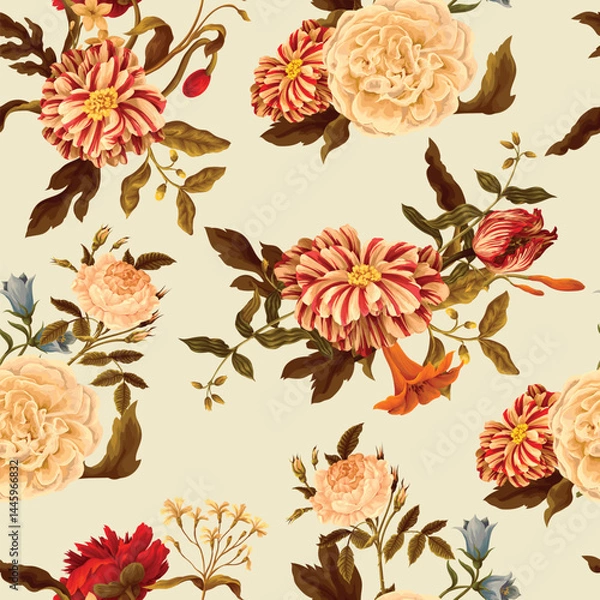 Obraz Seamless floral pattern with oil painting rococo still-lifes flowers. Vector.