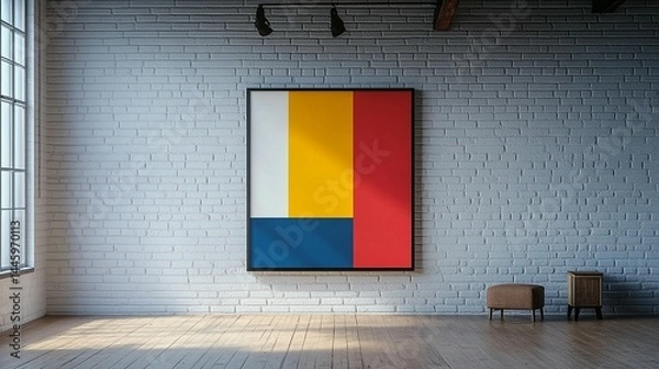 Fototapeta Modern abstract art hangs on a white brick wall in a minimalist room with hardwood floors and sunlight.