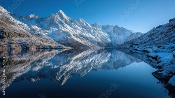Fototapeta Calm mountain lake with reflection of snow-covered peaks, clear sky 