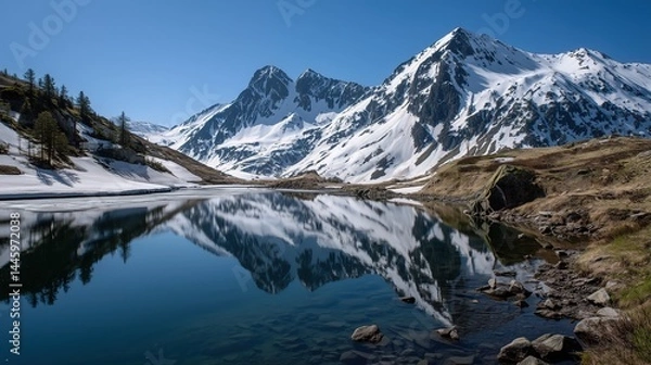 Fototapeta Calm mountain lake with reflection of snow-covered peaks, clear sky 