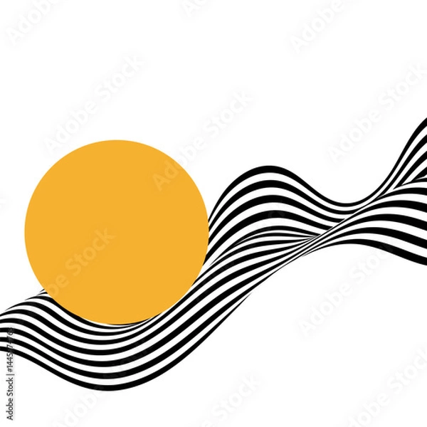 Obraz Abstract background of black and white wavy stripes with orange circle on a white background. Illusion. Eps 10