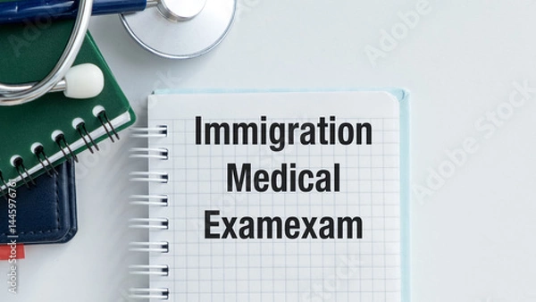 Fototapeta A medical exam is written on a notebook. The notebook is on a table with a stethoscope and a pen, Immigration medical exam.