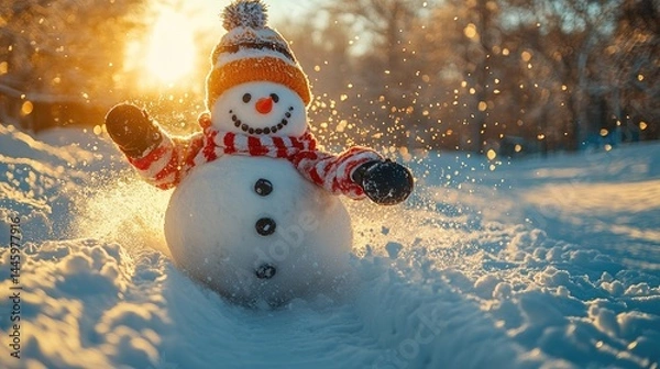 Fototapeta Cheerful snowman waving in a snowy landscape during sunset, embracing the joy of winter and the magic of the season