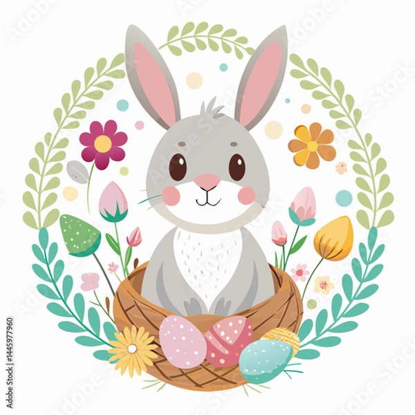 Obraz Cute Easter Bunny with Eggs and Flowers Illustration for Spring Celebrations.