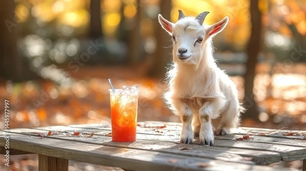 Fototapeta A curious goat enjoying a refreshing drink on a sunny autumn day, surrounded by colorful foliage and a serene atmosphere