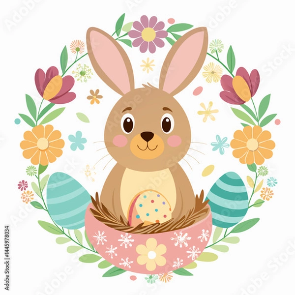 Obraz Cute Easter Bunny with Eggs and Flowers Illustration for Spring Celebrations.