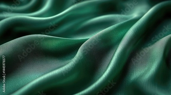 Fototapeta Luxurious emerald green silk fabric creating soft, flowing waves with intricate texture and sheen under soft lighting