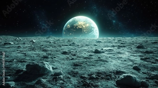 Fototapeta A breathtaking view from the surface of a distant moon, capturing the majesty of an illuminated planet against a starry cosmos