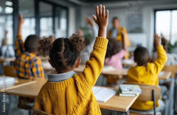 Fototapeta Japanese elementary students engage in class with hands raised in a bright and cheerful classroom environment