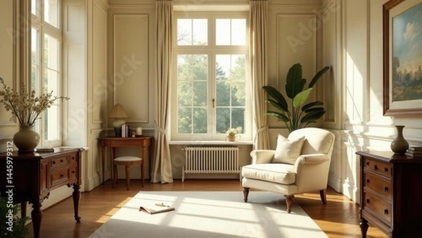Fototapeta Serene Sunlight Illuminates a Tranquil Room with Elegant Furnishings and Natural Light Streaming Through Large Windows