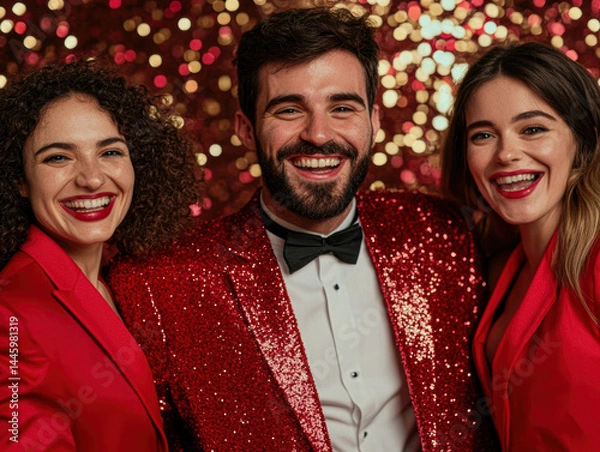 Fototapeta Three smiling individuals in sparkling attire against a festive bokeh background.