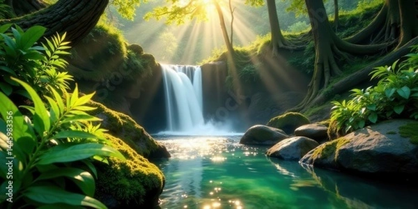 Fototapeta Serene Waterfall Cascading Through Lush Green Forest, Bathed in Golden Sunlight