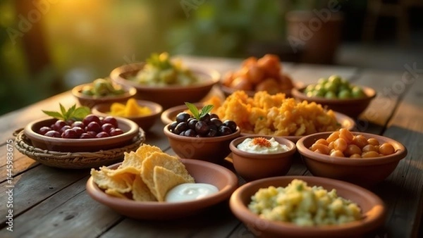 Fototapeta A delightful array of savory snacks and sweet fruits, artfully arranged in rustic terracotta bowls, bathed in the warm glow of sunset