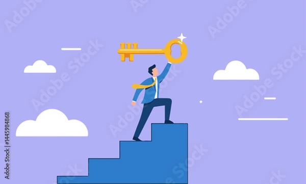 Fototapeta Businessman atop blue stairs reaches for glowing golden key against a light purple, cloudy background, symbolizing achieving the key to success.