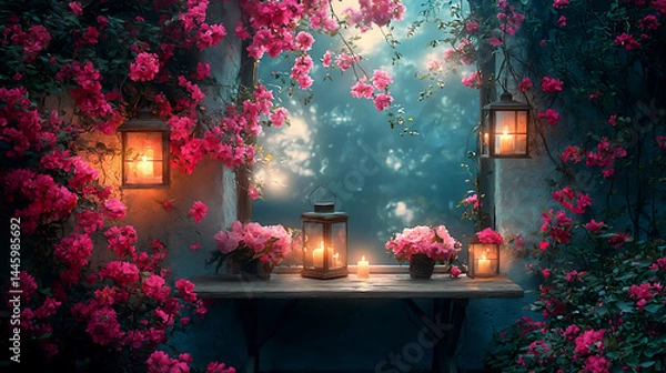 Obraz mystical outdoor table with flowers and lanterns at moonlight