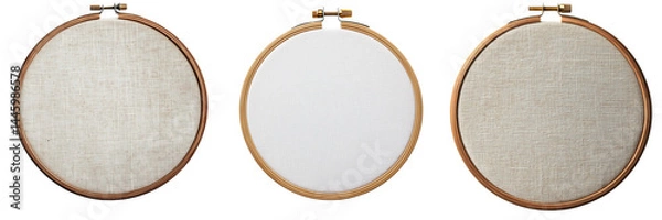 Fototapeta Set of Empty cross-stitch frame made of polished wood, tightly holding clean white canvas on transparent png background. Ai generated