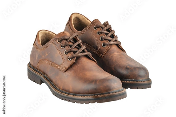 Fototapeta Rustic brown leather shoes classic lace up design worn vintage look soft lighting clean white