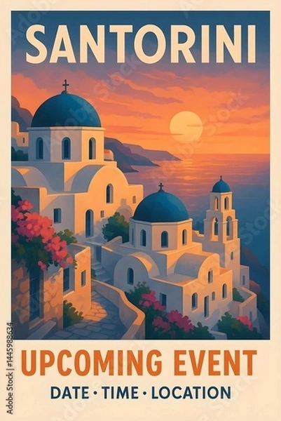 Obraz Vintage-style travel poster of Santorini, Greece, featuring white-washed buildings with blue domes at sunset. Illustration of a Mediterranean seaside village with bold typography and warm evening ligh