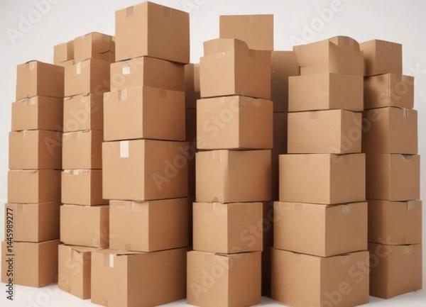 Fototapeta Neat stack of brown cardboard boxes on pristine white background , object, ecology, boxes