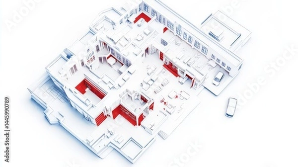 Fototapeta Aerial view of a modern architectural layout featuring distinct red and white sections for visual contrast.